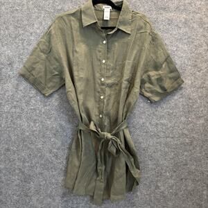 Vitamin A Romper Womens Size Large Green Linen Short Sleeve Belted Button Collar